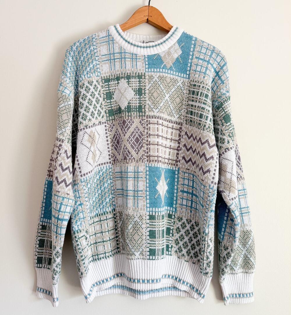 Vintage Patchwork Grandpa Sweater Retro Grunge Men Crewneck Cottage Academia